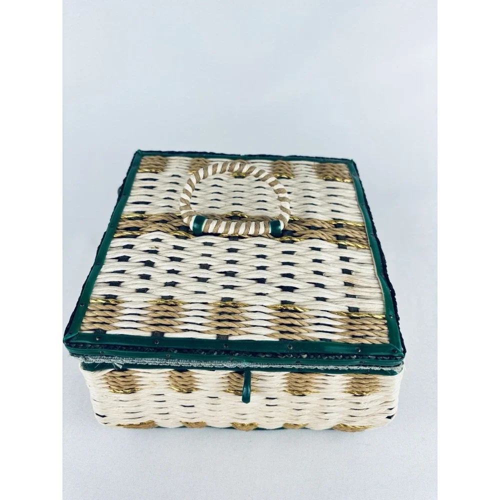 Vintage Wicker Sewing Basket / Music Box & Satin Lining Thread Supplies Works!